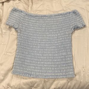 off the shoulder pastel bleu top